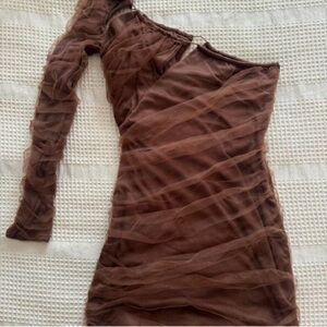 Zara Brown Ruched Long-Sleeve Mini Dress